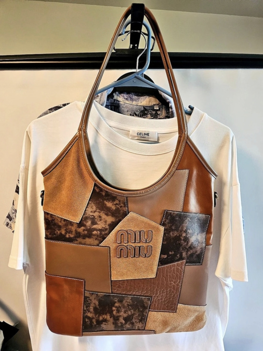 Miu Miu Leather Patchwork Bag Shoulder Bag Brown & Cream